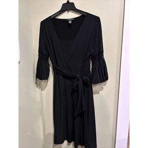 Style & Co Womens Black Lace Trim Balloon Sleeve Belted Midi Dress Large